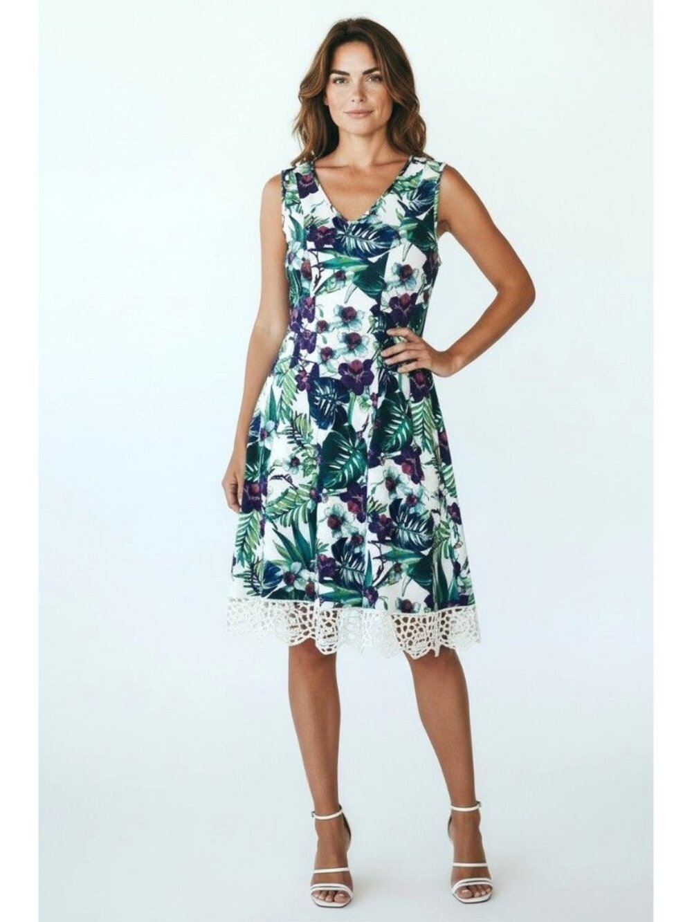 Donna Ricco Tropical Floral Sleeveless Scalloped Hem Scuba Fit & Flare Dress 14